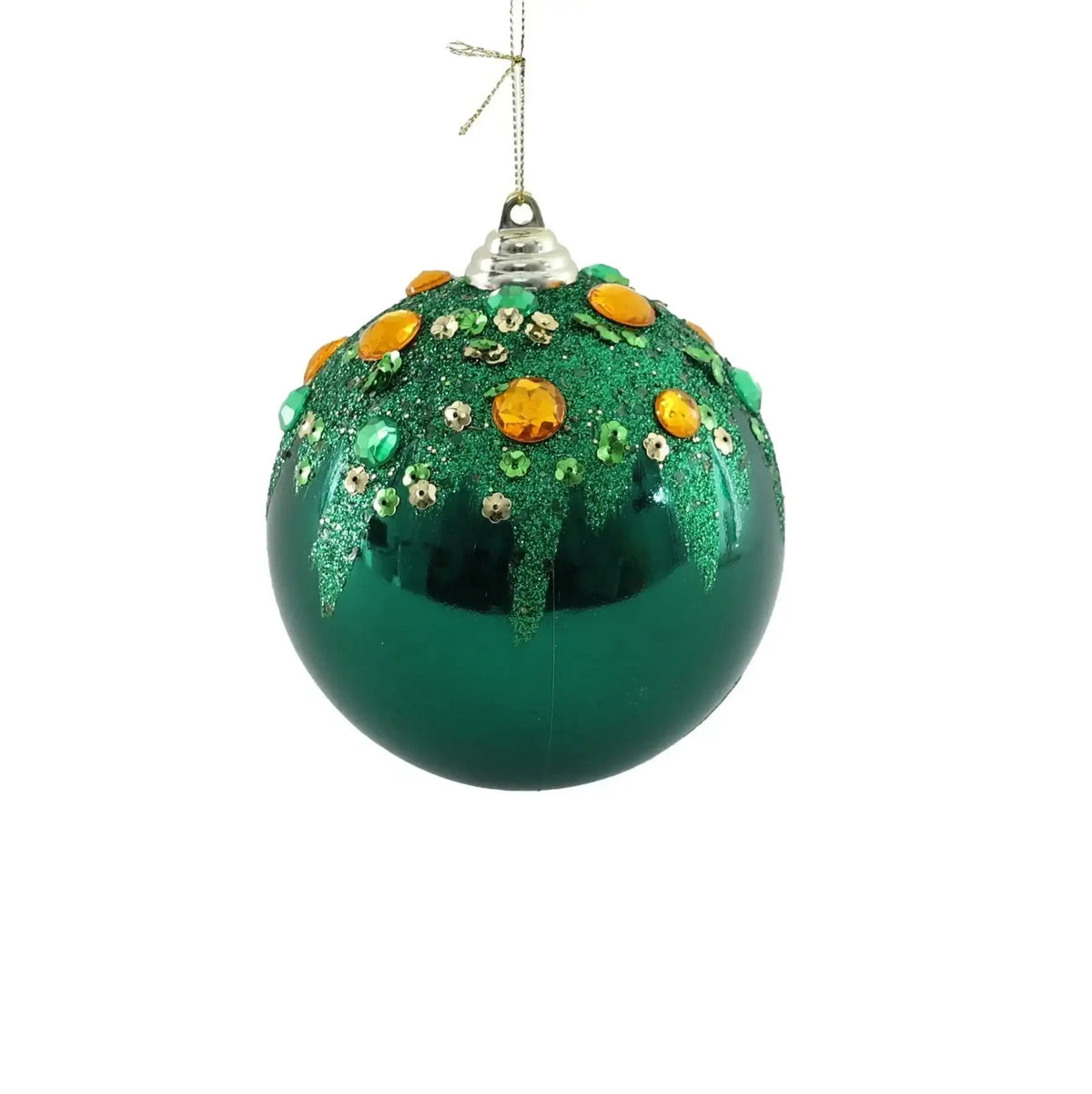 Green Christmas ornament with glitter, gold and green gemstone accents