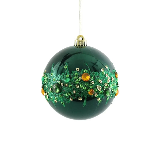 Green Christmas ornament ball with glitter and gemstone accents, festive holiday decoration