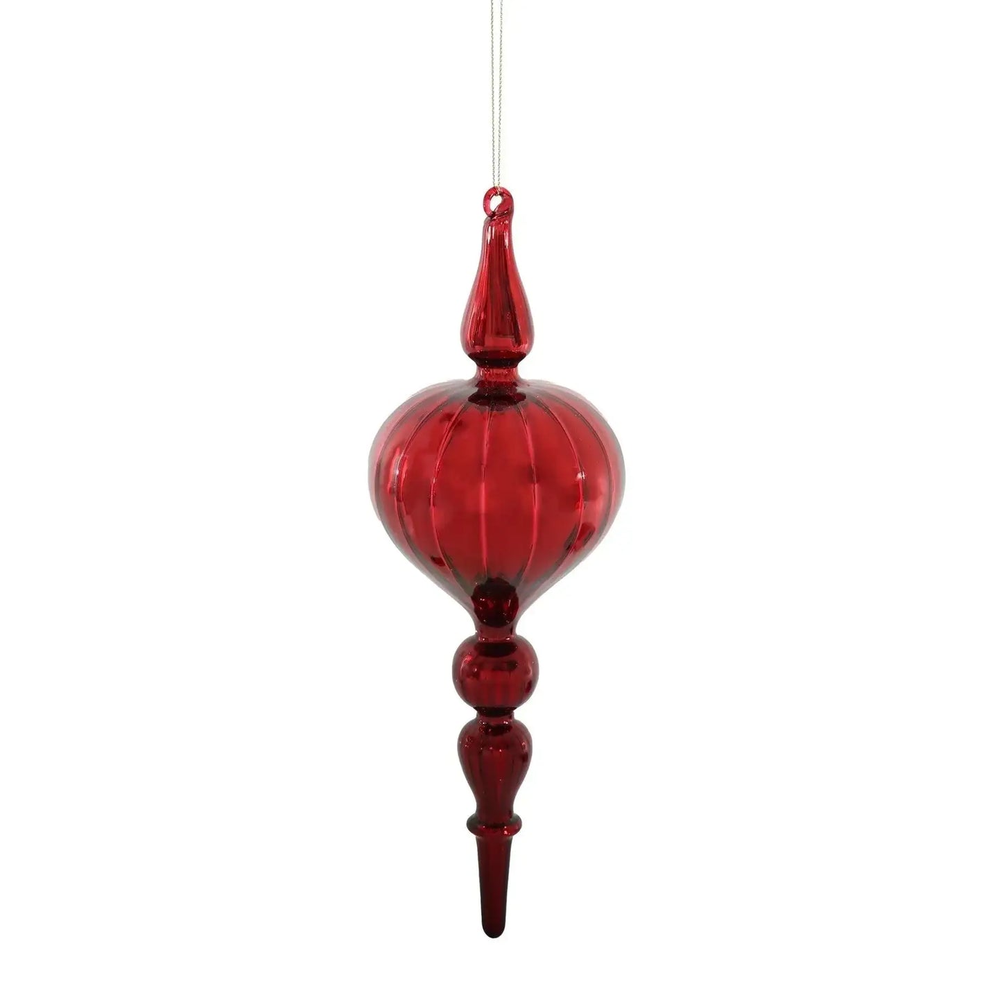 Red glass Christmas ornament with spindle shape, ideal for festive holiday décor