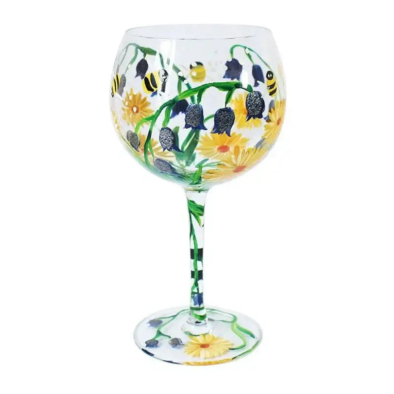 Hand-painted wine glass with bees, yellow flowers, and bluebells, unique home décor gift