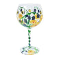 Hand-painted wine glass with bees, yellow flowers, and bluebells, unique home décor gift