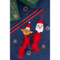 Festive cat teaser toys with Santa and reindeer plush, red feathers, pinecones, and Christmas gift wrapping.