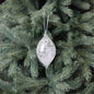 Frosted glass Christmas ornament hanging on green pine tree branch, festive holiday decor