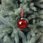 Red glitter Christmas ornament hanging on a pine tree branch, festive holiday decor