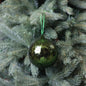 Green glass Christmas ornament hanging on evergreen tree branch
