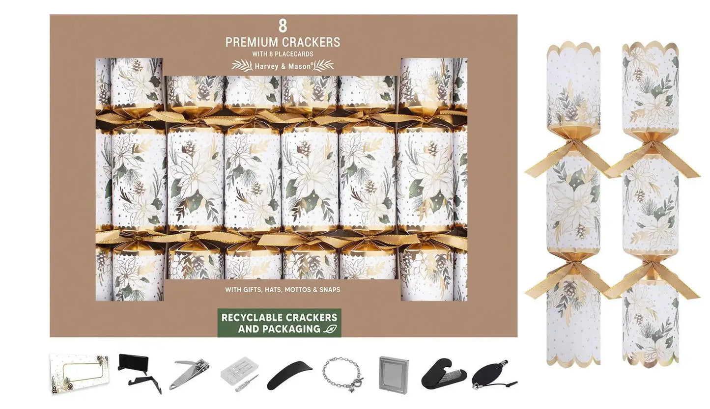 Box of 8 holiday crackers with floral gold and white design, gifts and place cards included