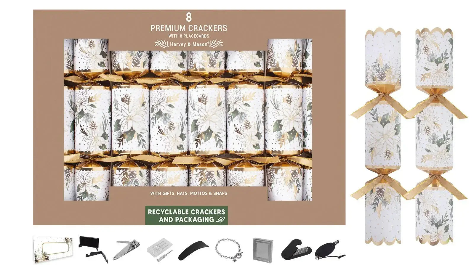 Box of 8 holiday crackers with floral gold and white design, gifts and place cards included