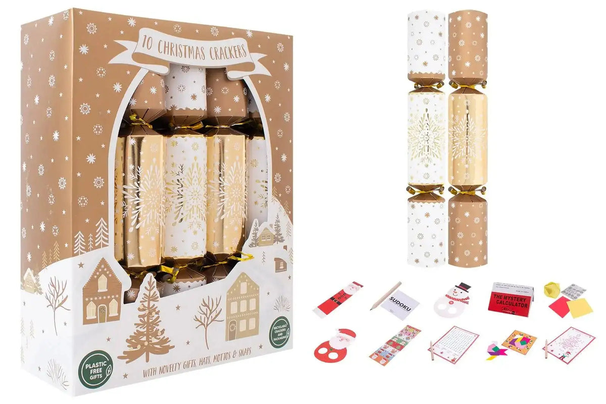 Box of 10 gold and white Christmas crackers with gifts, puzzles, paper hats, and festive designs