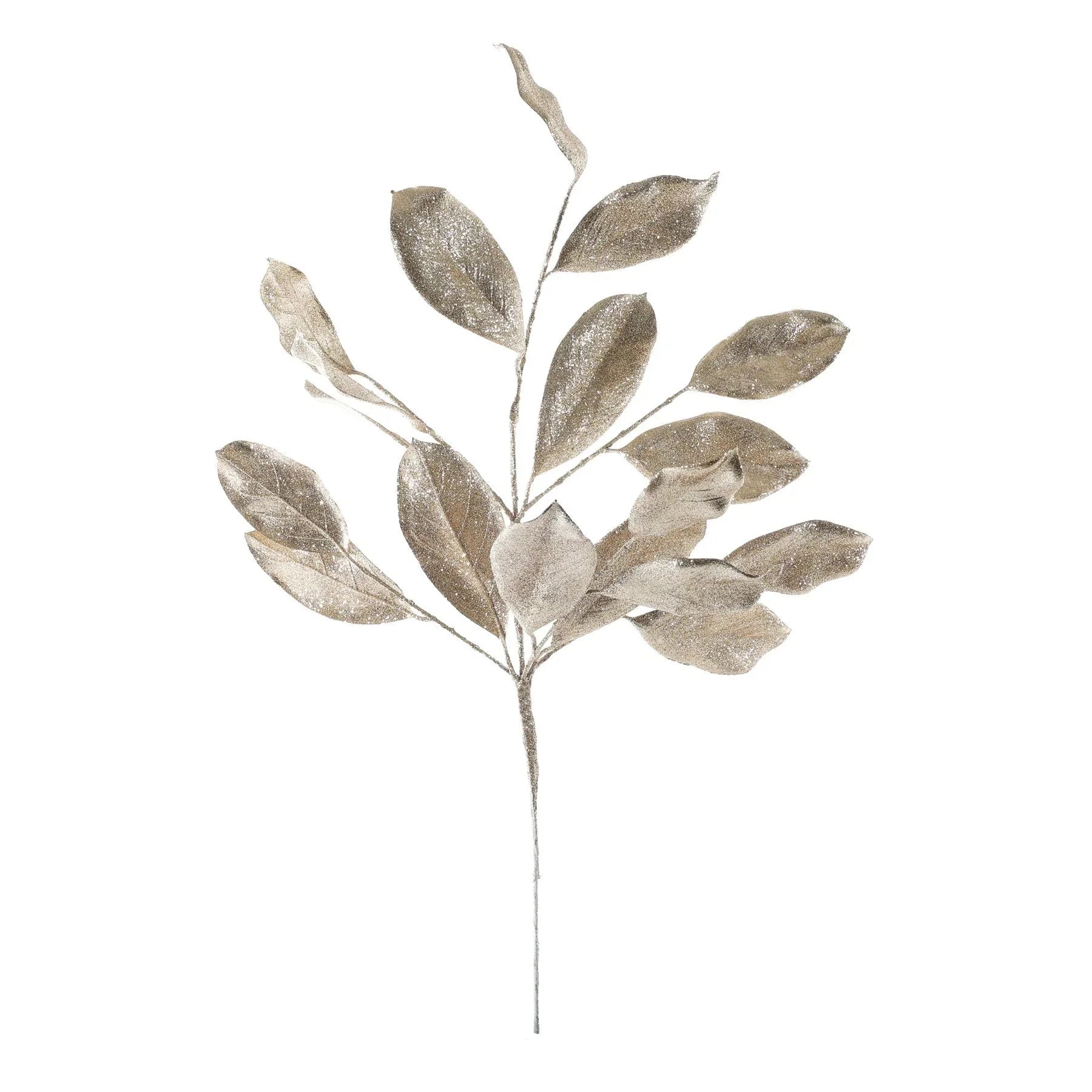 Decorative gold glitter leaf spray stem for elegant home décor or floral arrangements
