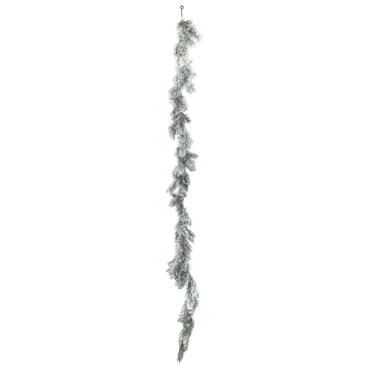 Frosted pine Christmas garland hanging vertically on a white background