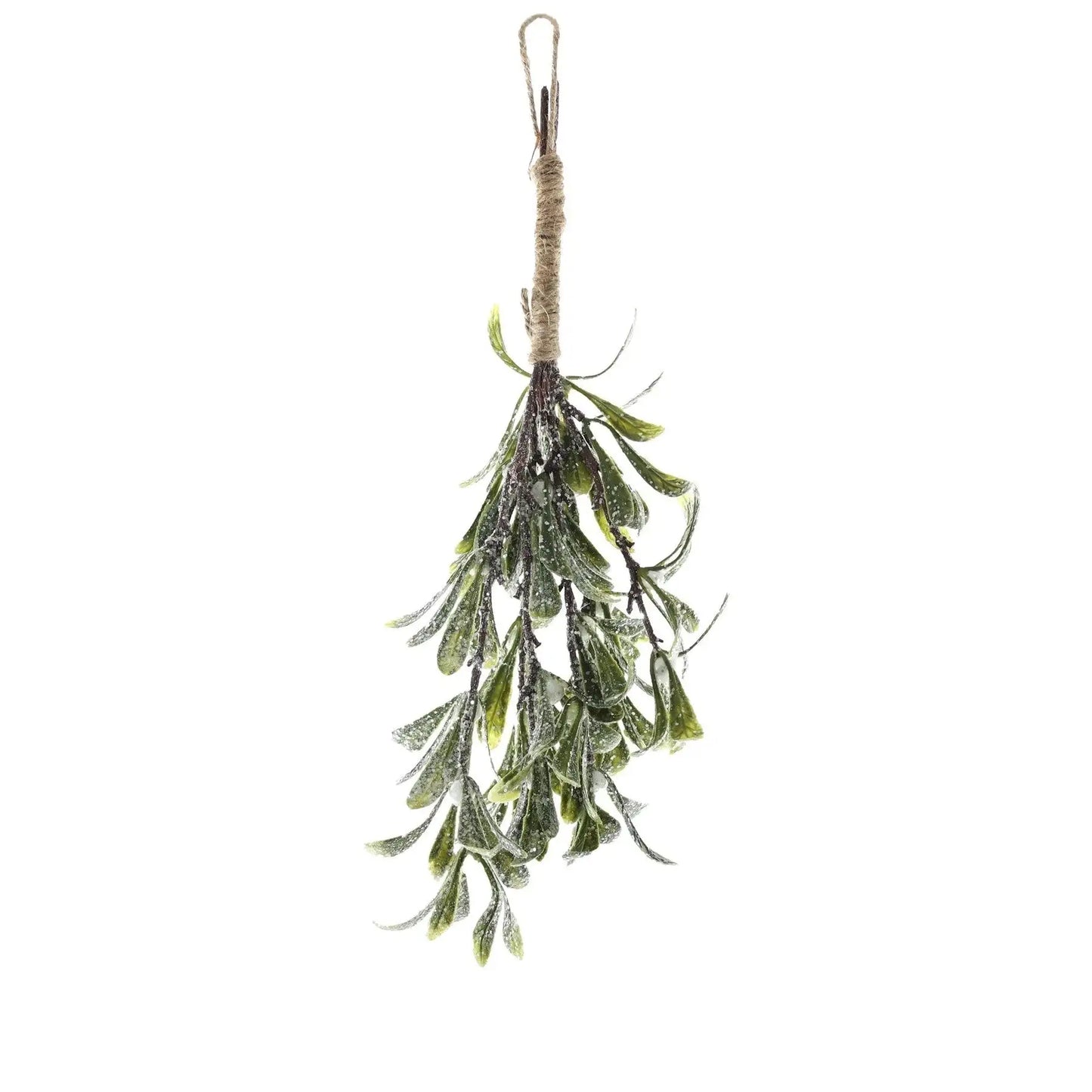 Artificial mistletoe hanging decoration with frosted leaves, festive home decor