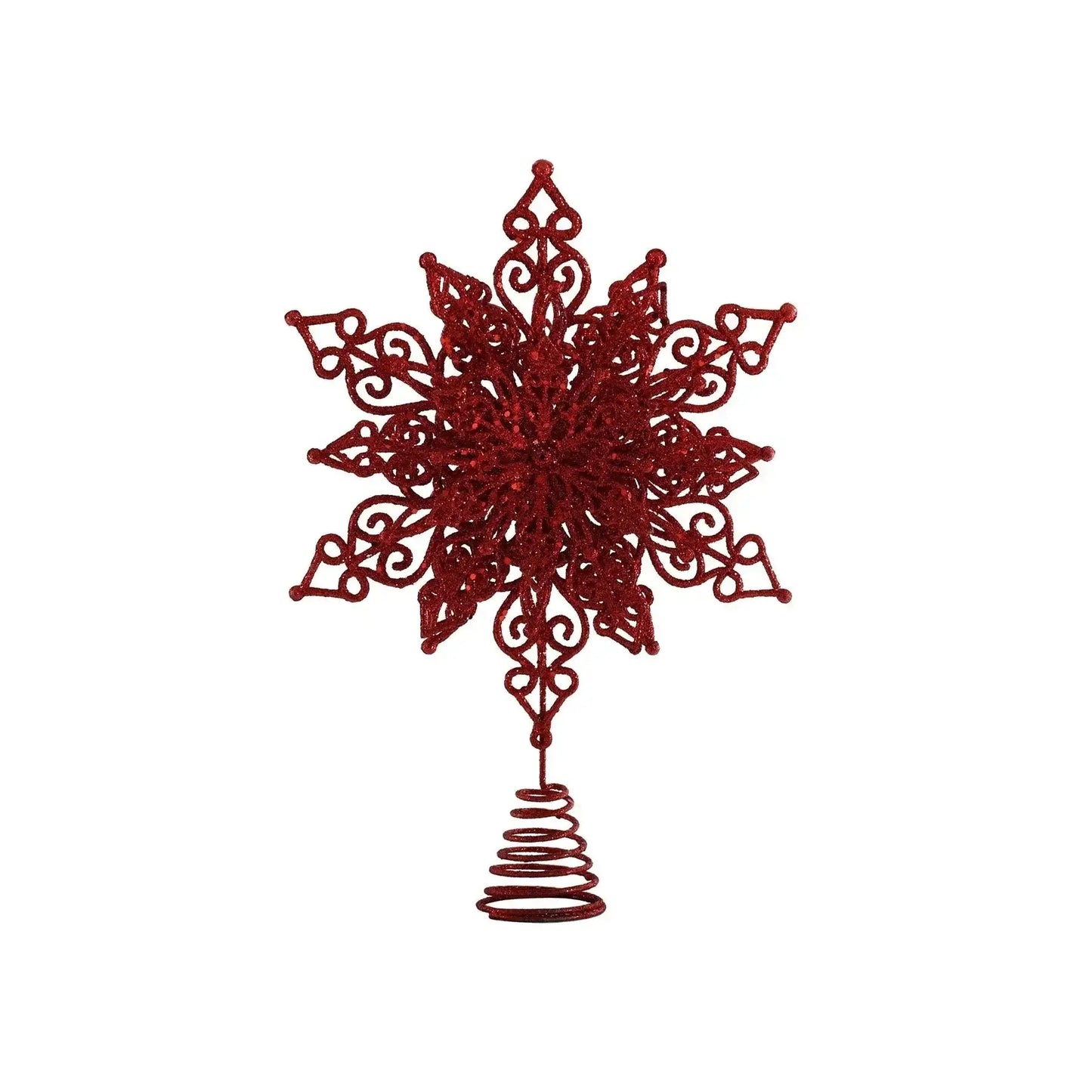 Red glitter snowflake tree topper with spiral base for holiday decoration