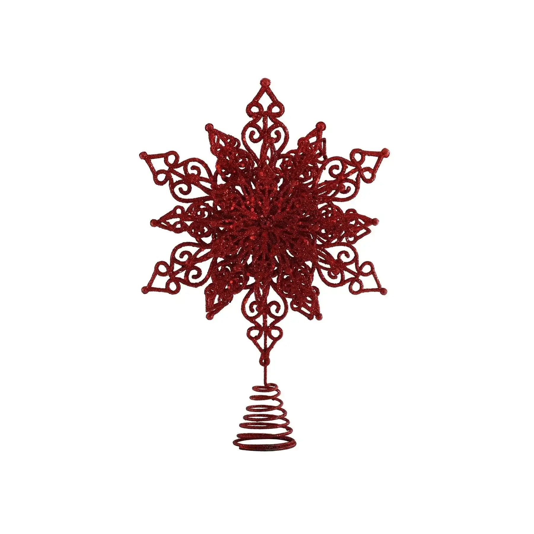 Red glitter snowflake tree topper with spiral base for holiday decoration