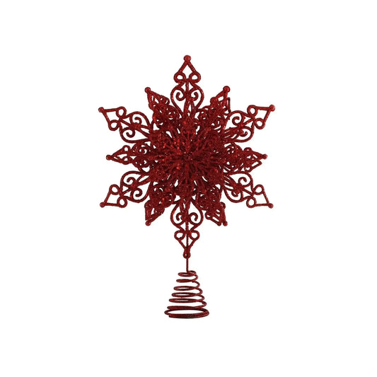 Red glitter snowflake tree topper with spiral base for holiday decoration