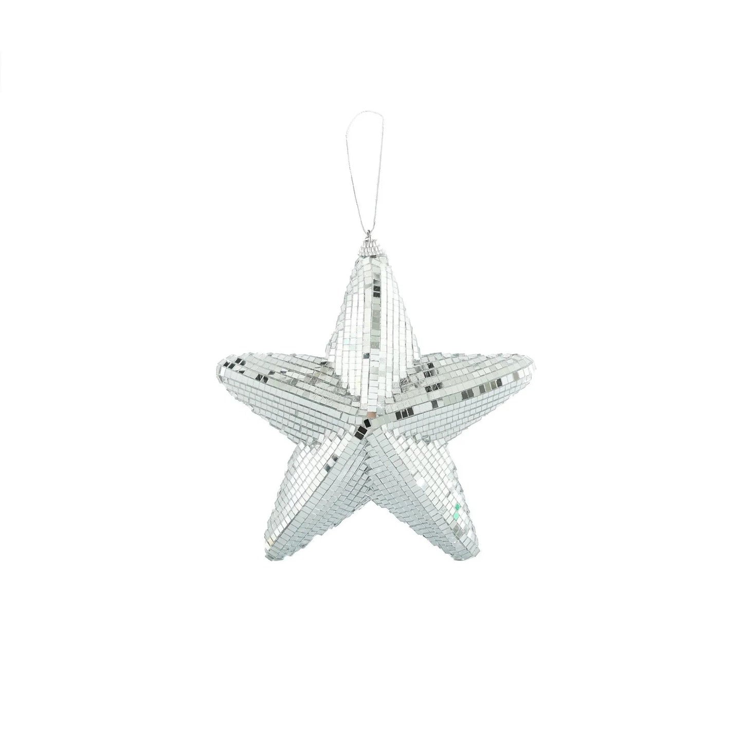 Silver mirrored star ornament for holiday home décor with hanging loop on white background