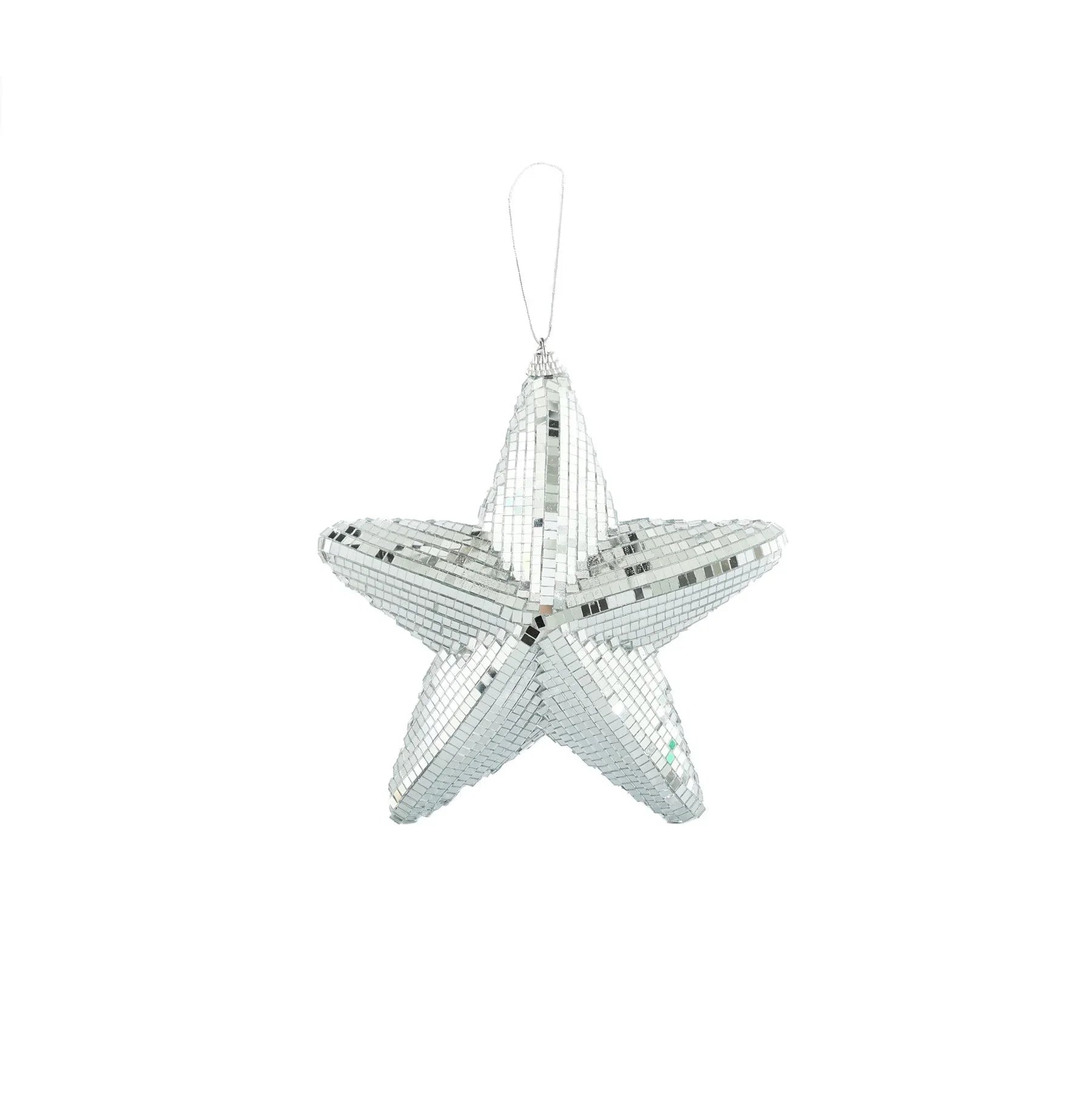 Silver mirrored star ornament for holiday home décor with hanging loop on white background