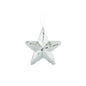 Silver mirrored star ornament for holiday home décor with hanging loop on white background