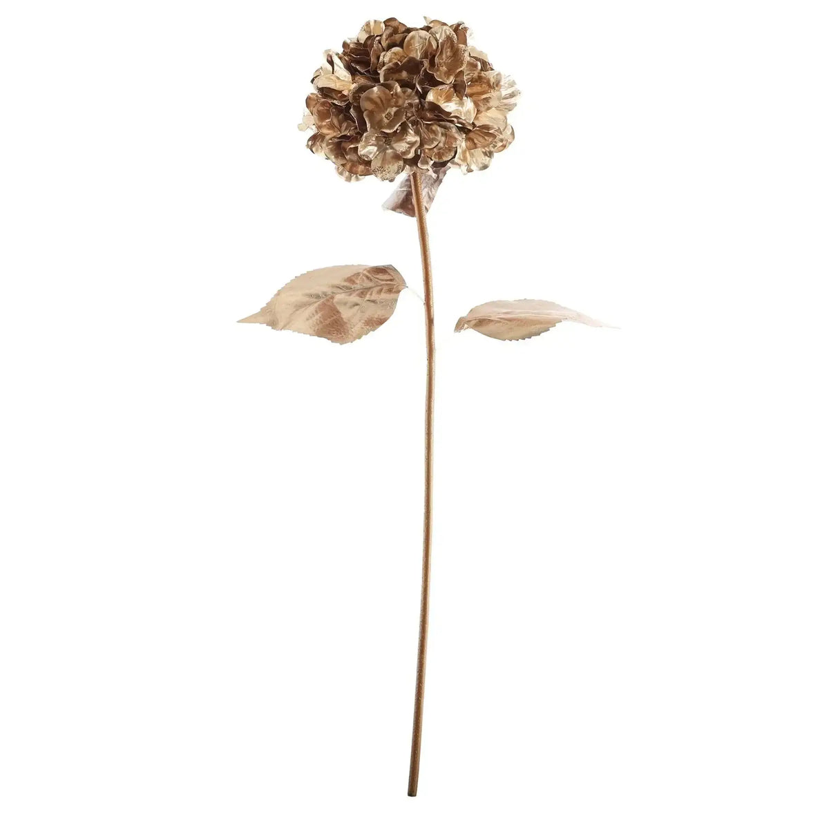 Single metallic gold hydrangea flower stem with leaves by Bristow Direct
