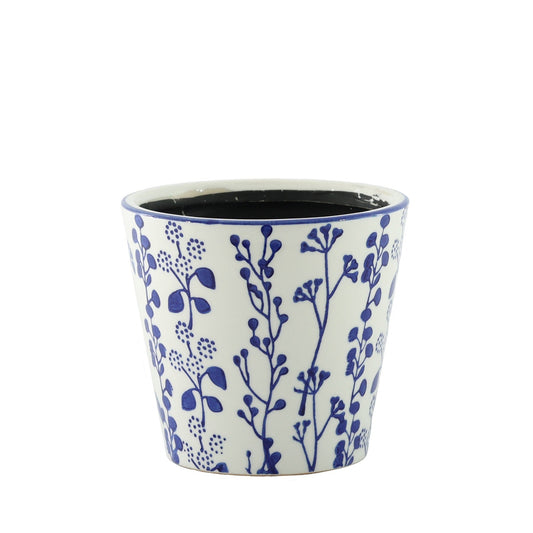 Hortus White &amp; Blue Perth Floral Pot (13.5cm H x 14.5cm Dia)