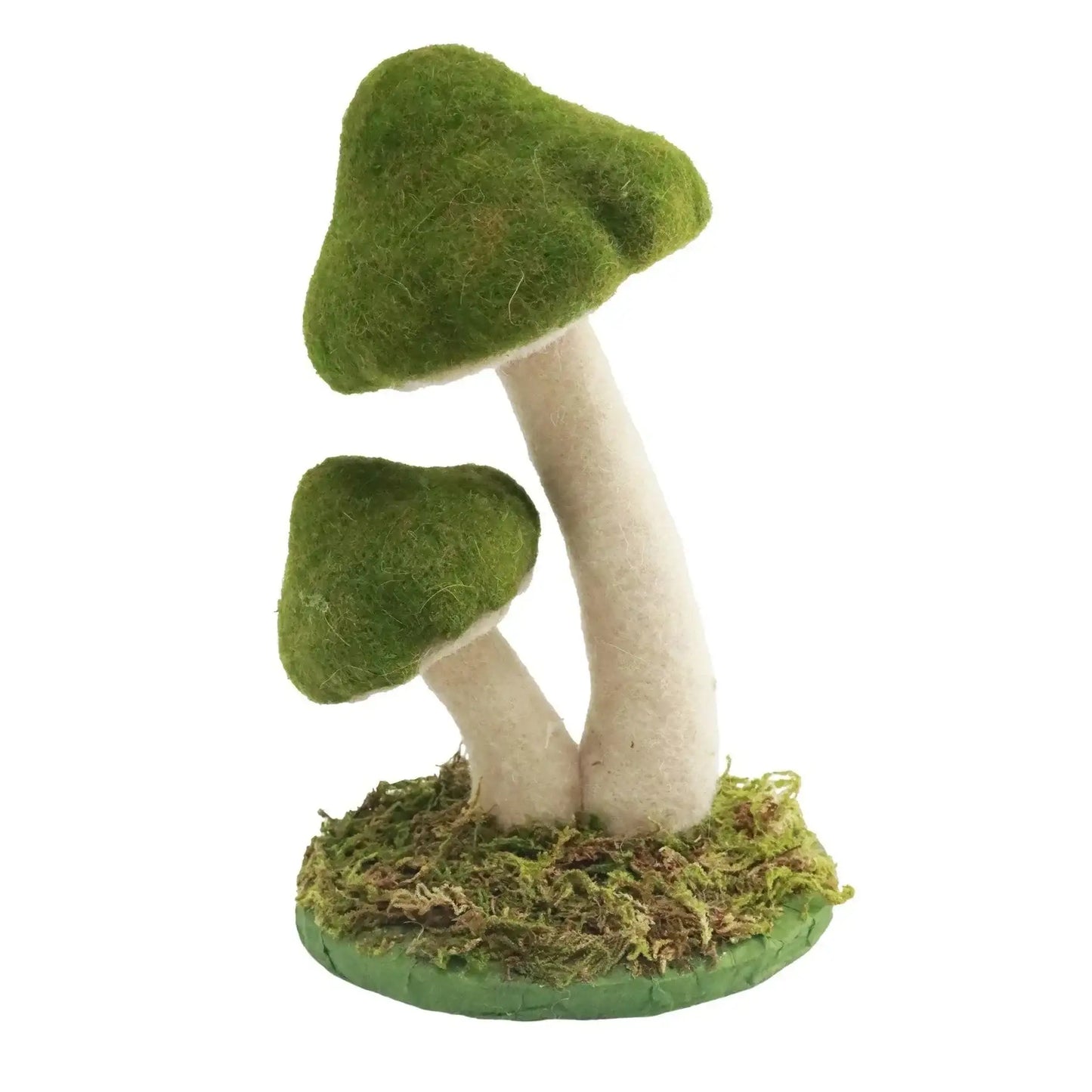 Felt mushroom decor with green caps and white stems on a mossy base, whimsical home accent
