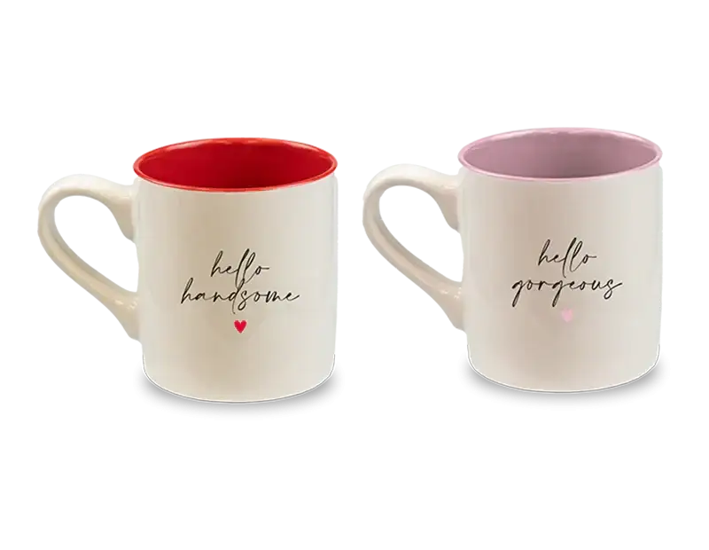 Pair of ceramic mugs with 'hello handsome' and 'hello gorgeous' designs, red and pink interiors.