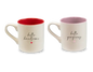 Pair of ceramic mugs with 'hello handsome' and 'hello gorgeous' designs, red and pink interiors.