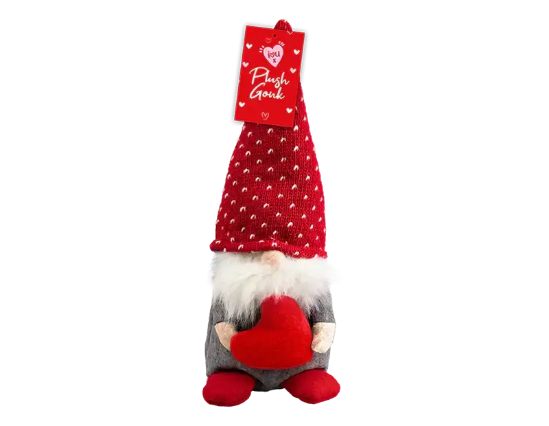 Plush gonk gnome with red heart, white beard, and red hat, festive home décor gift