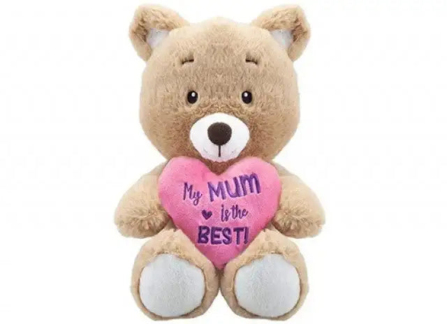 Plush teddy bear holding a pink heart reading 'My mum is the best', gift for mum