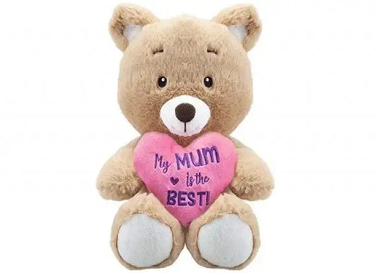 Plush teddy bear holding a pink heart reading 'My mum is the best', gift for mum