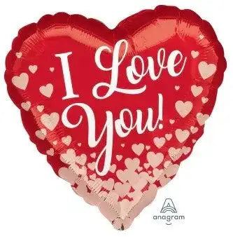Red heart-shaped balloon with 'I Love You!' text and scattered white hearts, perfect for romantic occasions.