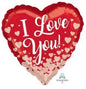 Red heart-shaped balloon with 'I Love You!' text and scattered white hearts, perfect for romantic occasions.