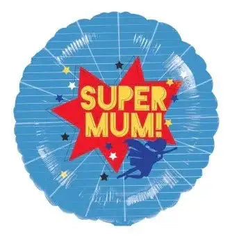 Super Mum blue foil balloon with comic star design, superhero theme, perfect for Mother's Day celebration gift.