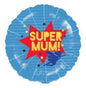 Super Mum blue foil balloon with comic star design, superhero theme, perfect for Mother's Day celebration gift.