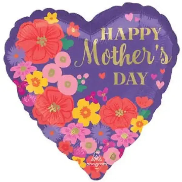 Heart-shaped purple Mother's Day balloon with colorful floral design and gold lettering.