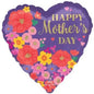 Heart-shaped purple Mother's Day balloon with colorful floral design and gold lettering.
