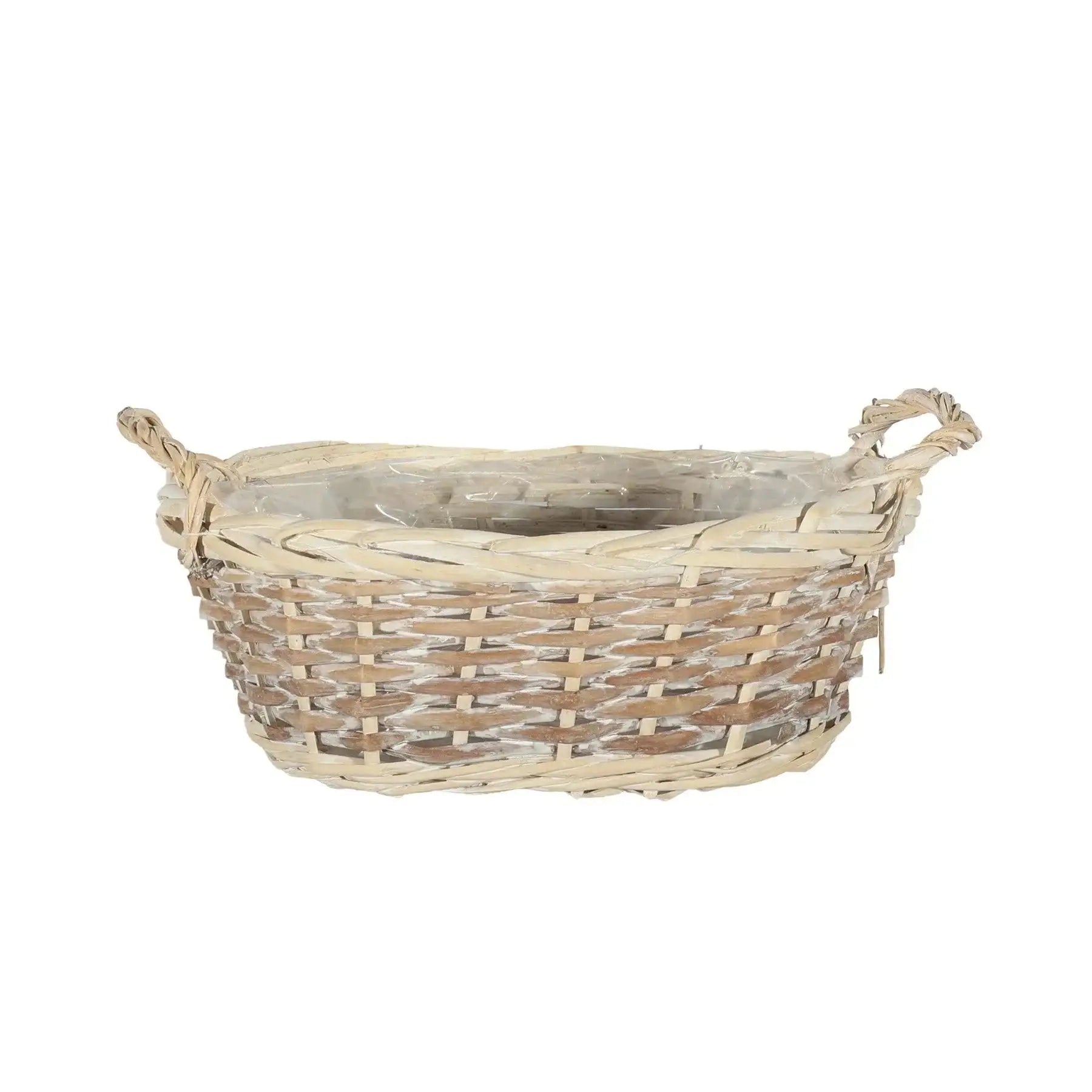 Woven wicker basket with handles, ideal for home décor or gift presentation