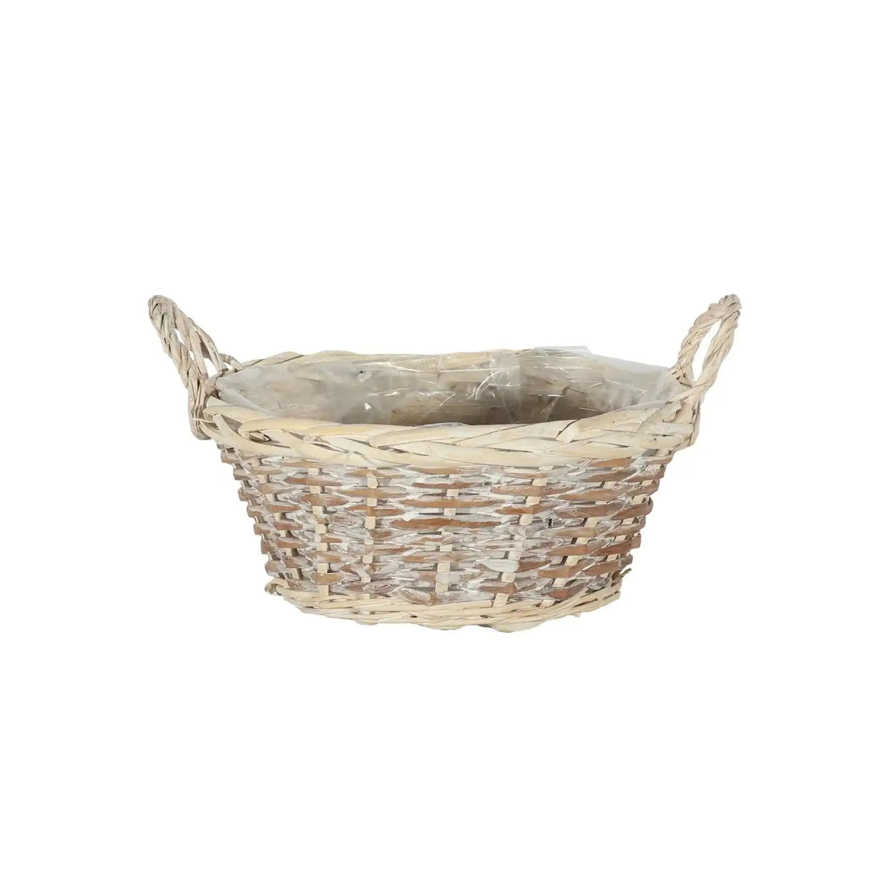 Woven wicker basket with handles and plastic lining for home décor or gift basket.