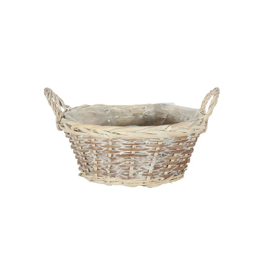 Woven wicker basket with handles and plastic lining for home décor or gift basket.