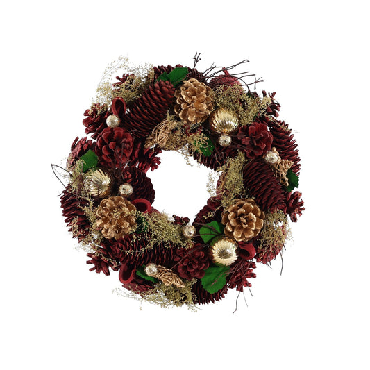 Discover the Burgundy Cone Gold Bauble Wreath (30cm) at Bristow Direct