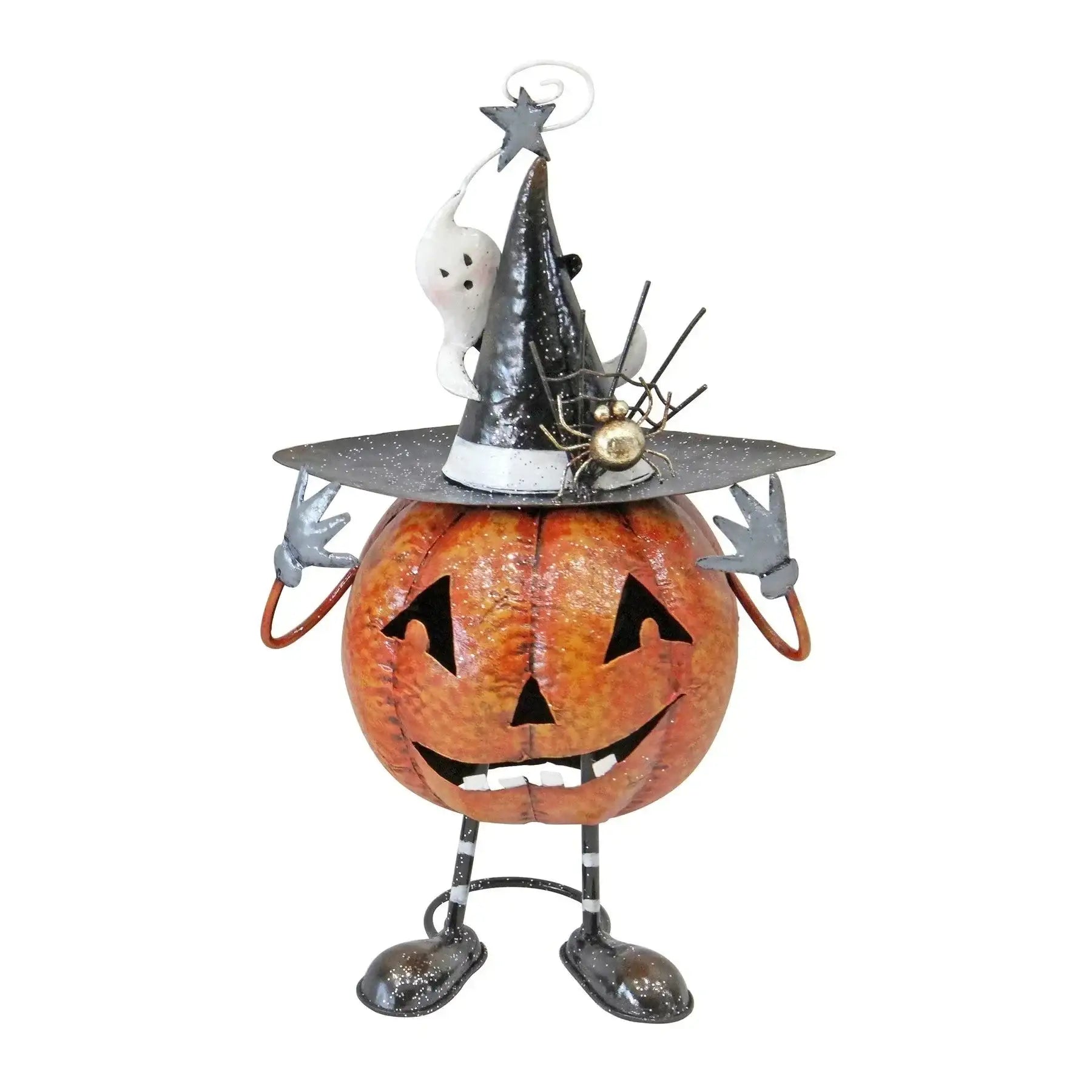 Metal pumpkin figurine with witch hat, spider, and ghost for Halloween home décor