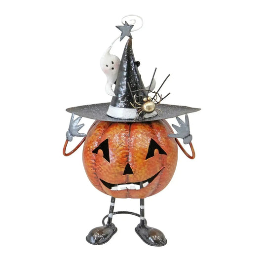 Metal pumpkin figurine with witch hat, spider, and ghost for Halloween home décor
