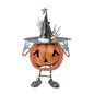Metal pumpkin figurine with witch hat, spider, and ghost for Halloween home décor