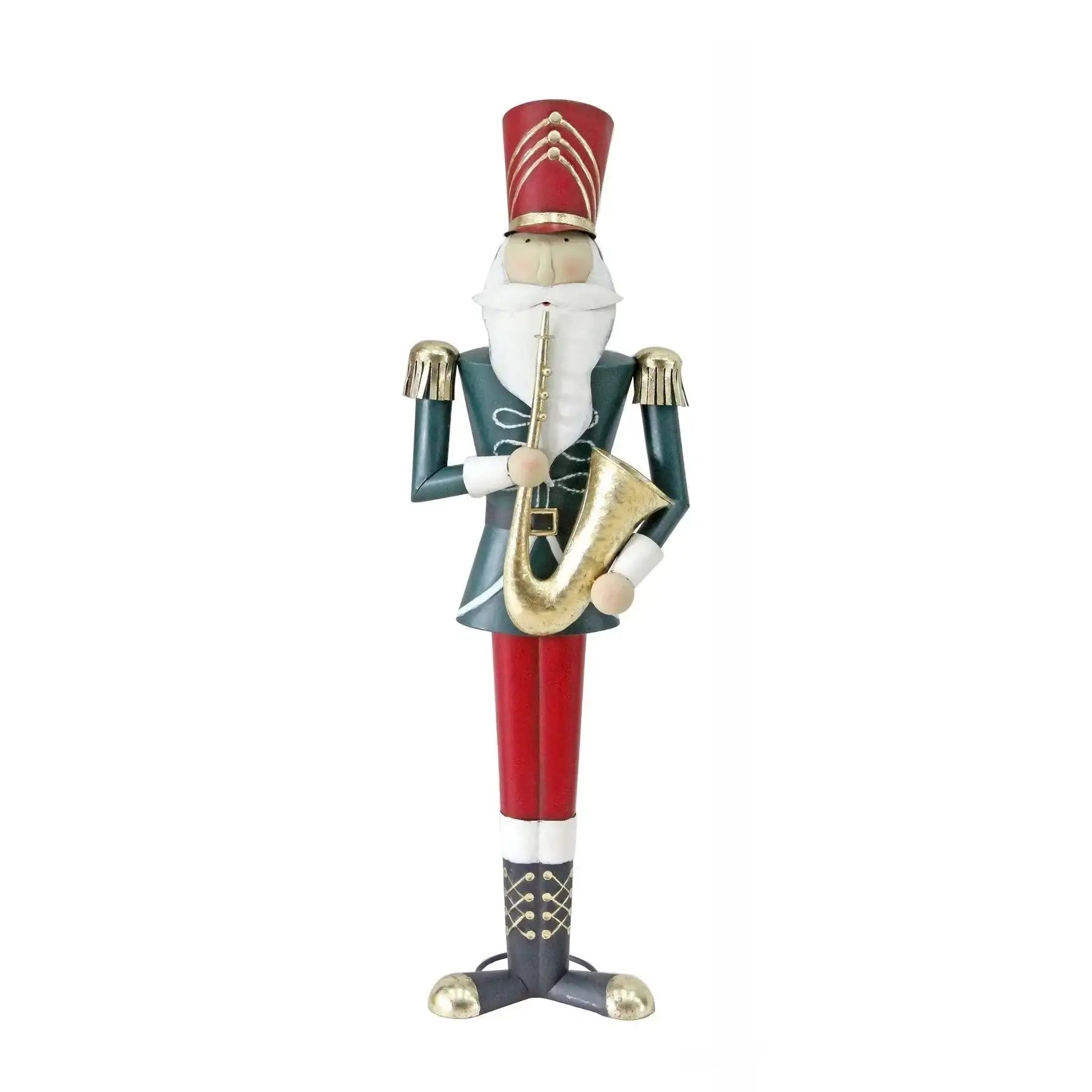 Metallic nutcracker figurine playing saxophone, festive holiday decoration