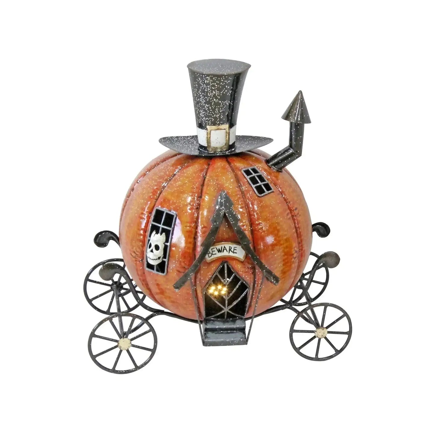 Halloween pumpkin carriage decoration with hat, wheels, and spooky skull window