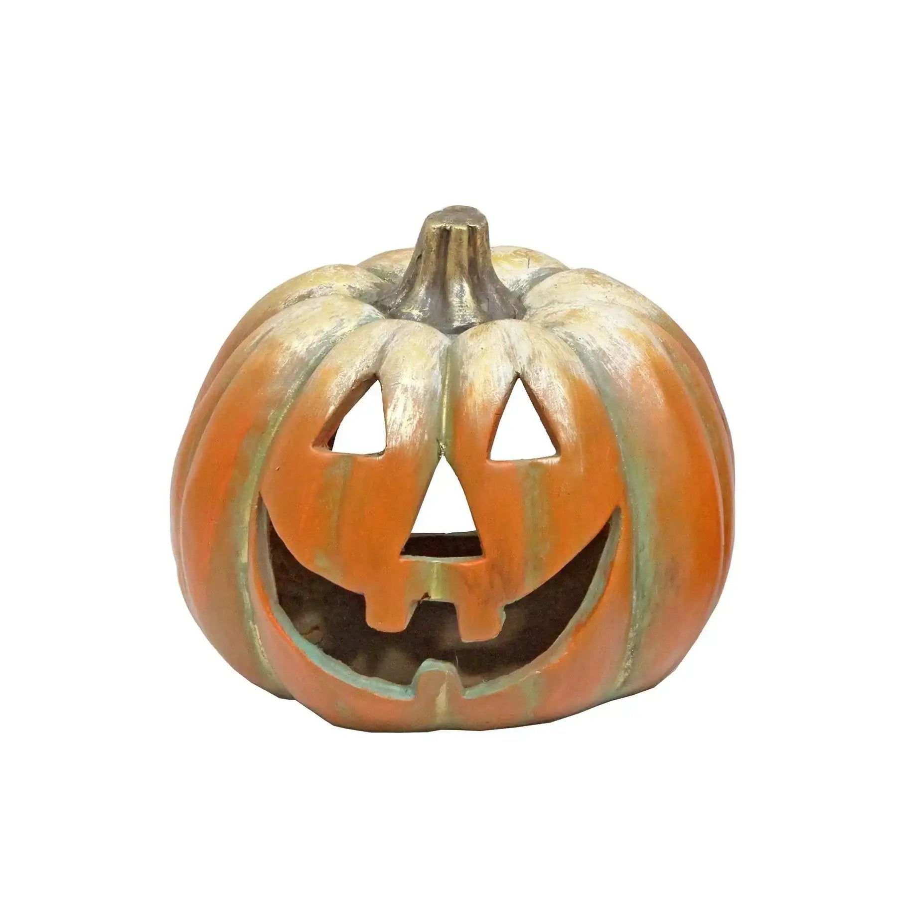 Smiling ceramic jack-o'-lantern pumpkin decoration for Halloween home décor