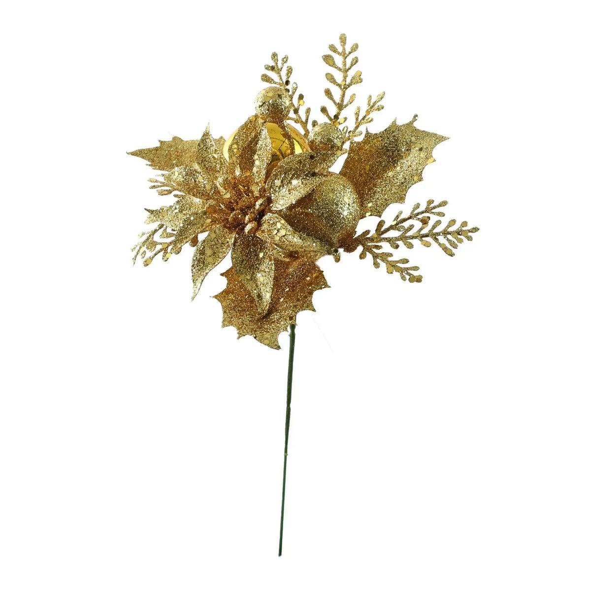 Gold Glitter Poinsettia and Bauble Pick (24cm)