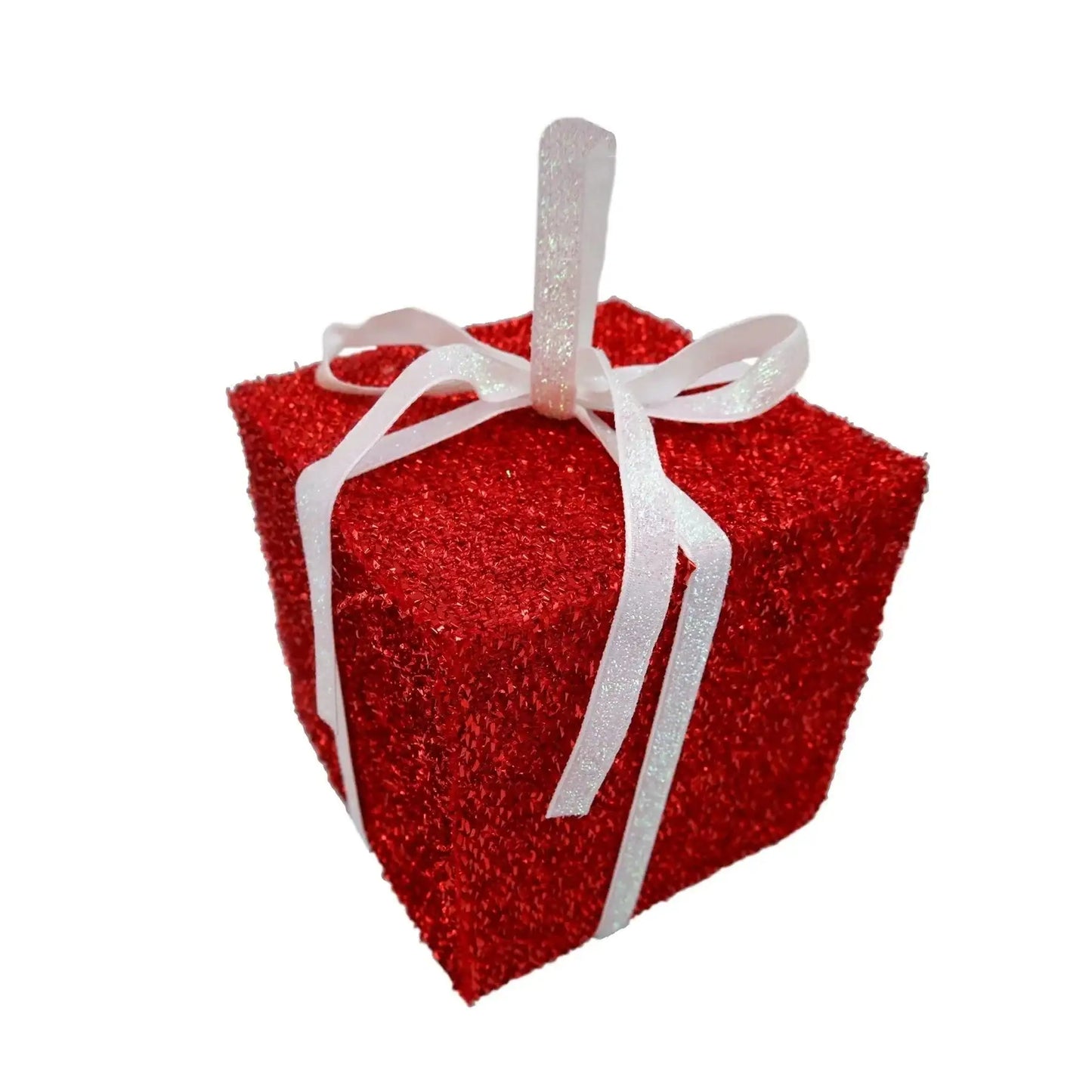 Red glitter gift box ornament with white ribbon and hanging loop, festive home decor
