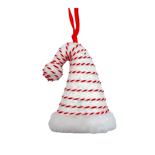 Discover the Red White Tinsel Glitter Striped Hat Hanging Decoration (12cm) at Bristow Direct