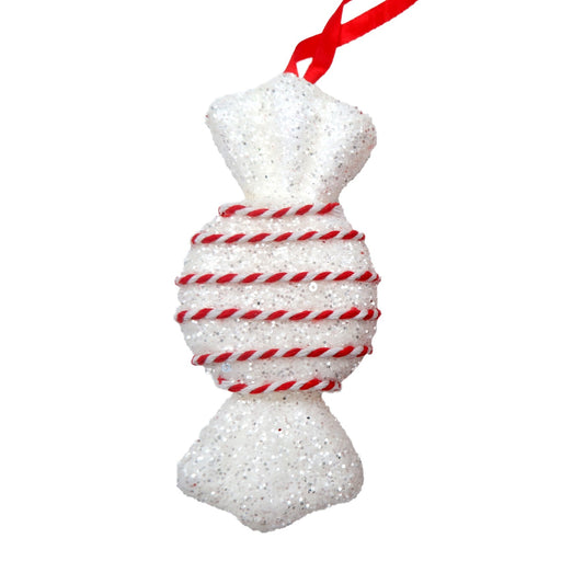 Discover the White Tinsel Glitter Round Candy Sweet with Stripey String Hanging Decoration (14cm) at Bristow Direct