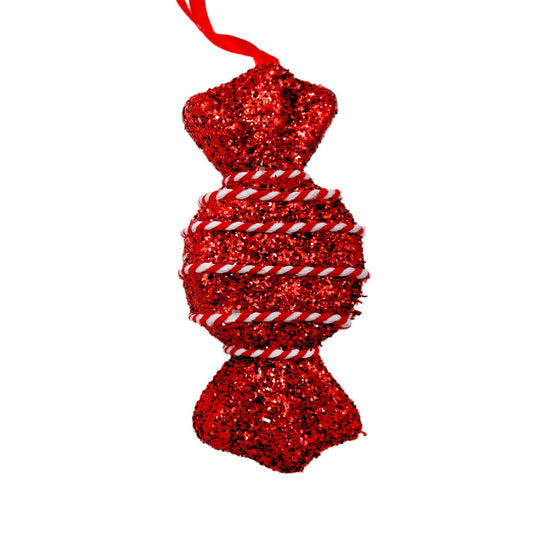 Discover the Red Tinsel Glitter Round Candy Sweet with Stripey String Hanging Decoration (14cm) at Bristow Direct